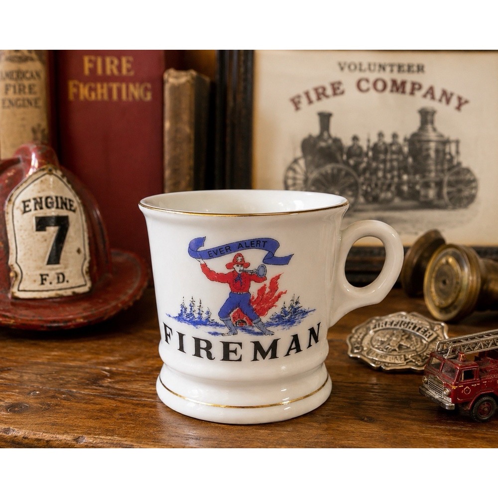 Vintage Fireman Shaving Mug Gold Trim Ever Alert Firefighter Occupational VG+